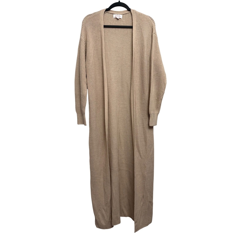 Jess Lea Tan Beige Waffle Knit Longline Duster Cardigan L/XL Open Front Slits